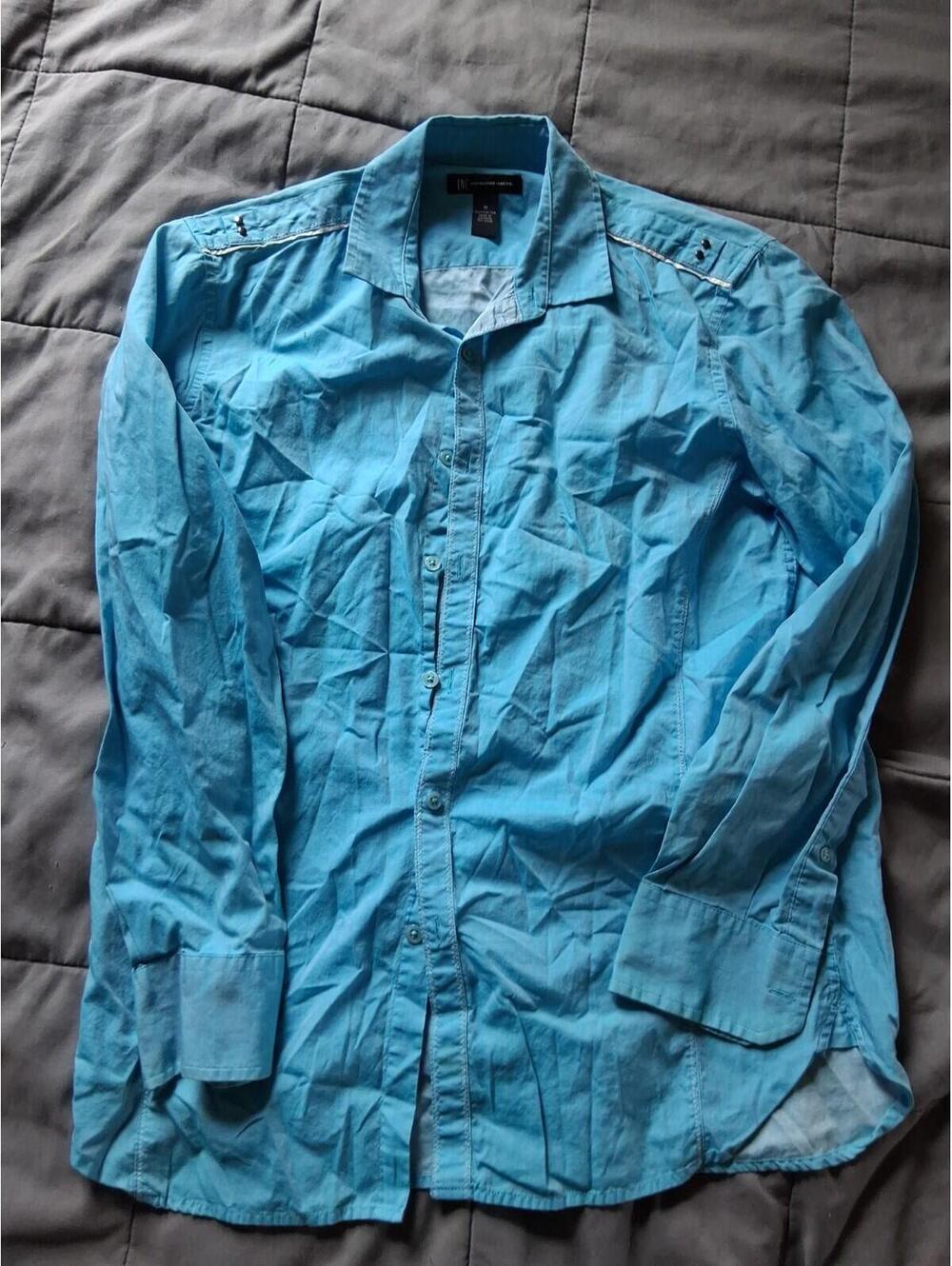 INC International Concepts Women's Button Up Collared Shirt Size Medium Blue C2